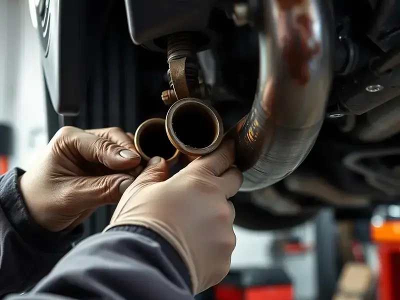 Mechanic working on exhaust system repair